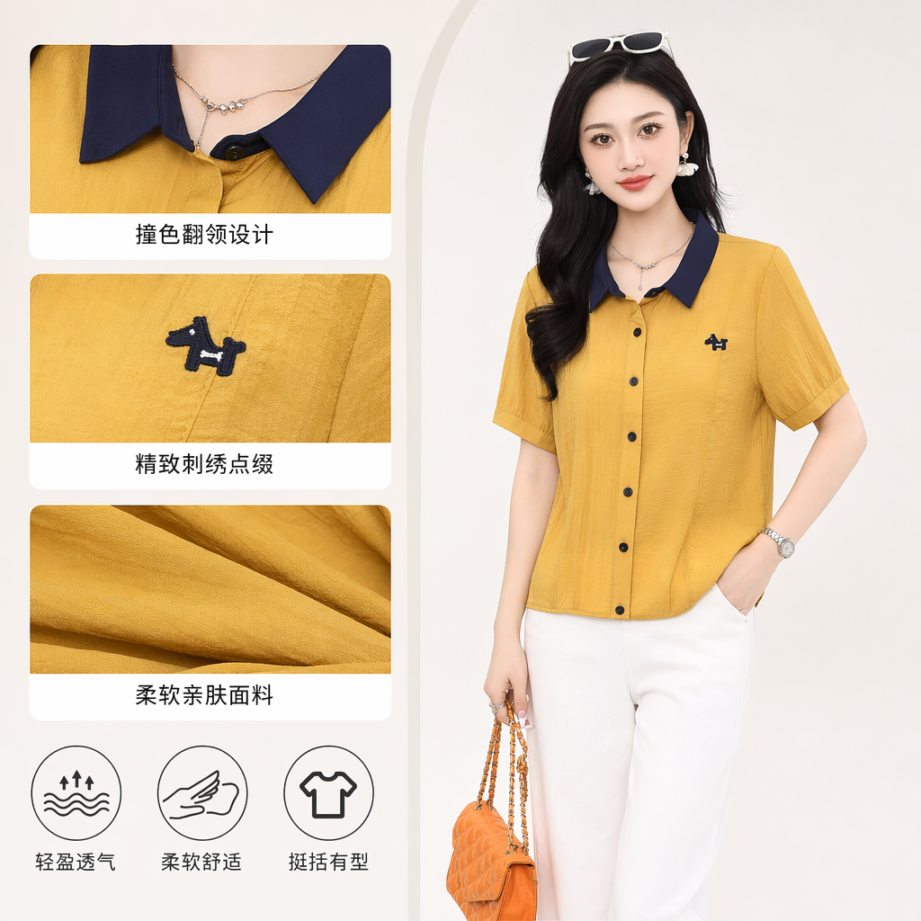 Yellow lapel short-sleeved shirt for women's summer slimming and figure-hugging top full image