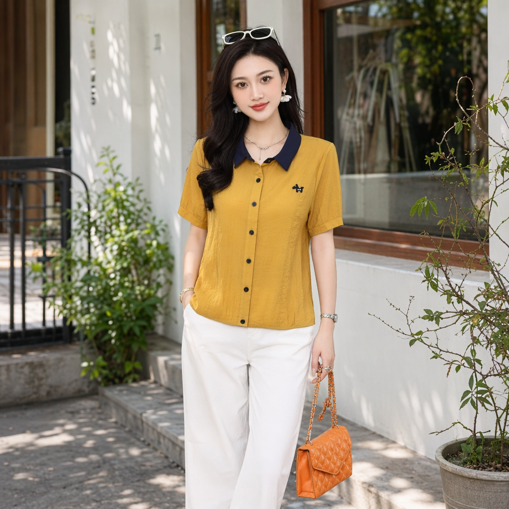 Yellow lapel short-sleeved shirt for women's summer slimming and figure-hugging top details Picture