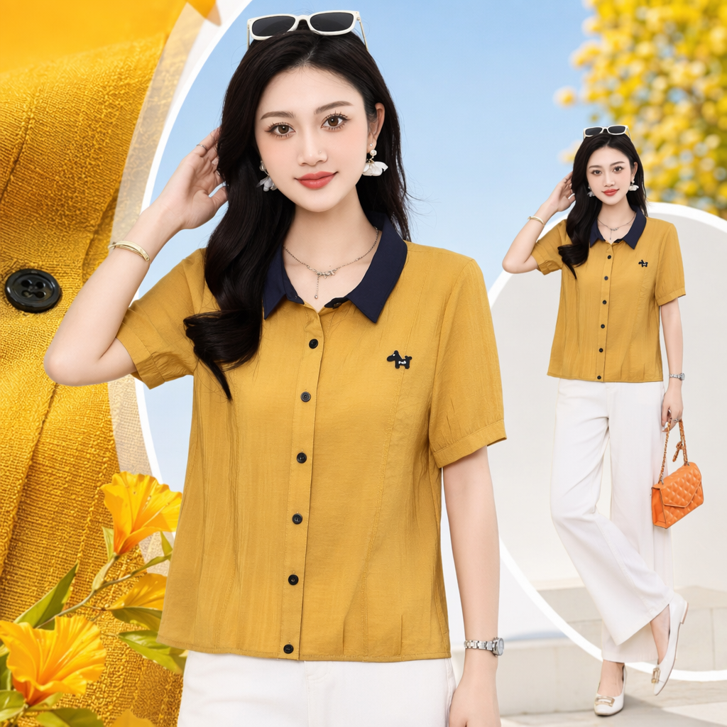 Yellow lapel short-sleeved shirt for women's summer slimming and figure-hugging top Specification image
