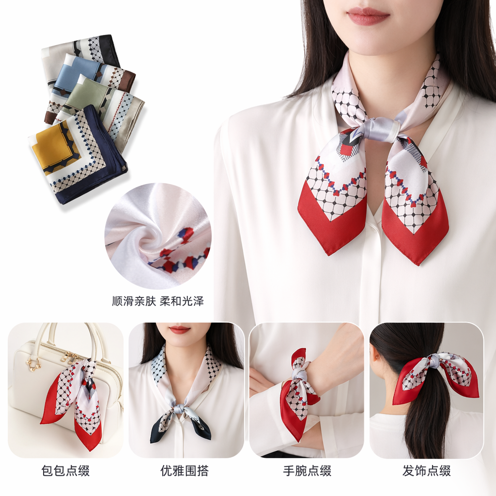A fashionable, versatile, lightweight and breathable silk scarf with colorful geometric patterns for women full image