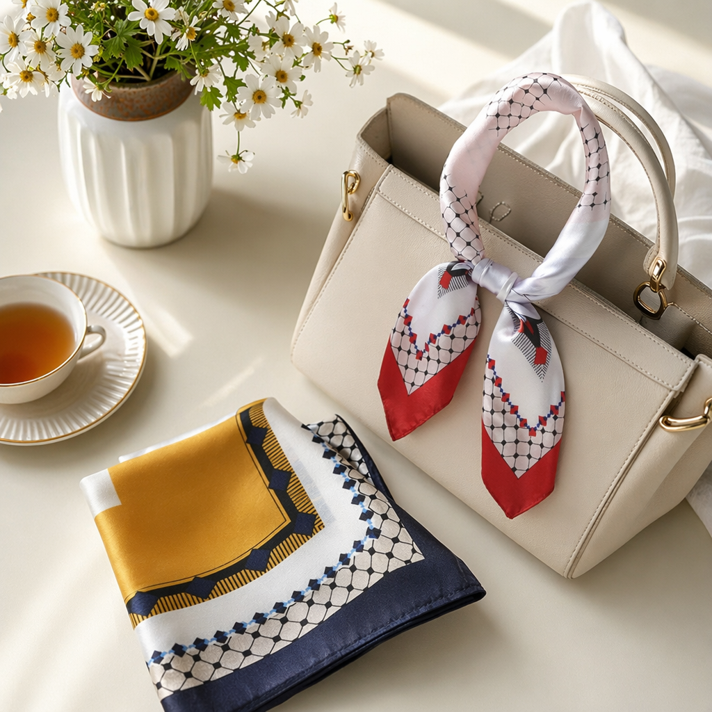A fashionable, versatile, lightweight and breathable silk scarf with colorful geometric patterns for women details Picture