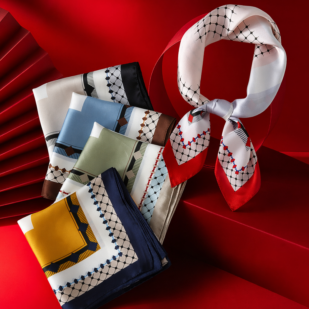 A fashionable, versatile, lightweight and breathable silk scarf with colorful geometric patterns for women Specification image