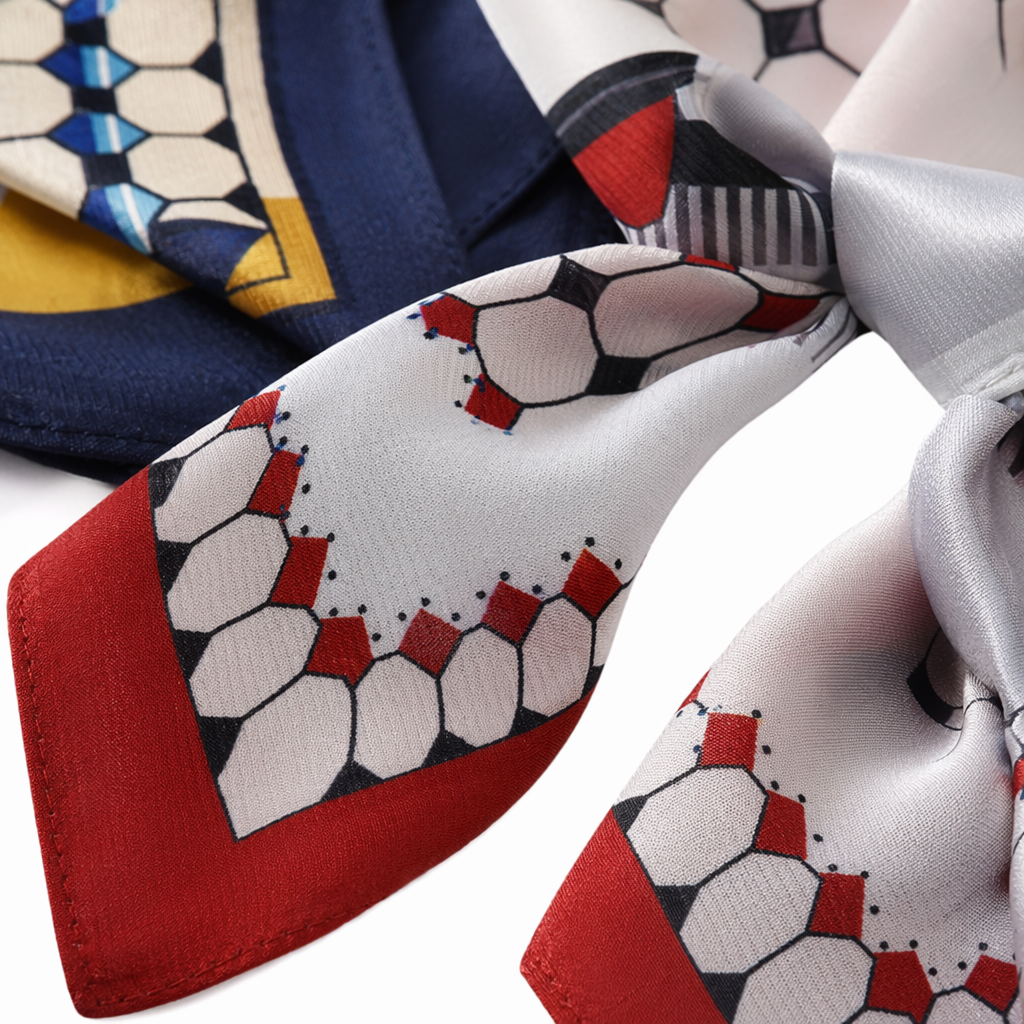 A fashionable, versatile, lightweight and breathable silk scarf with colorful geometric patterns for women Application Scenario