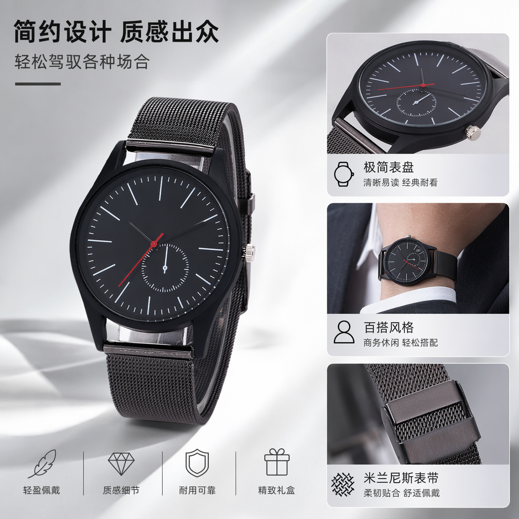 Black dial men's quartz watch, waterproof and luminous, simple business casual full image