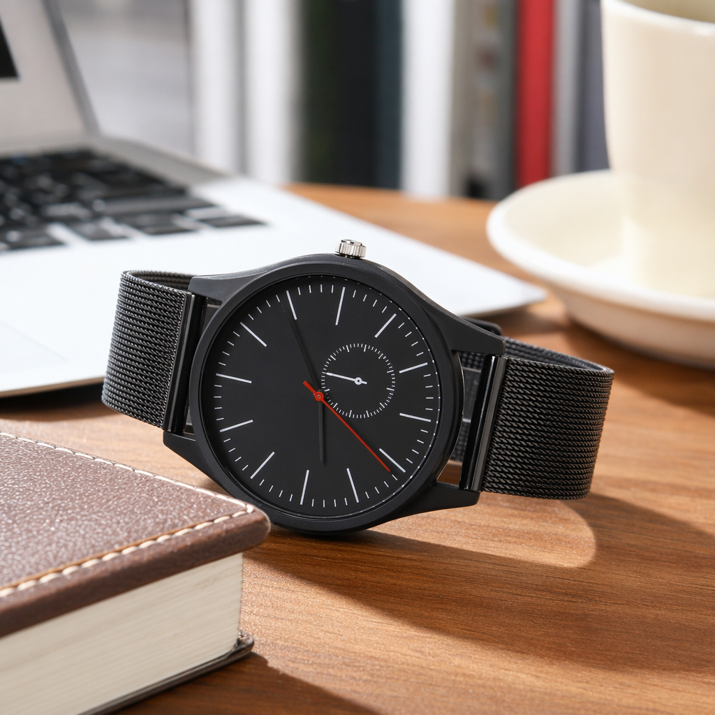Black dial men's quartz watch, waterproof and luminous, simple business casual details Picture