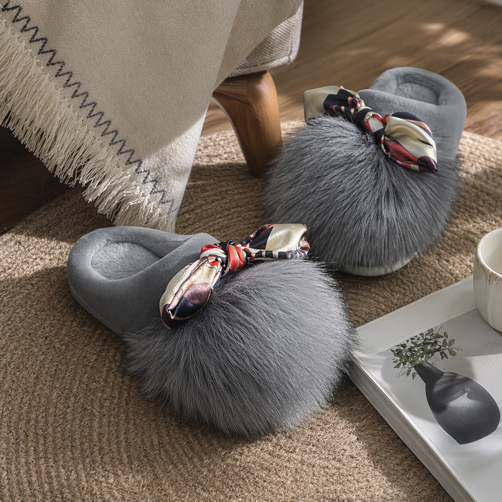 Grey plush slippers decorated with colorful silk scarves and bow balls details Picture