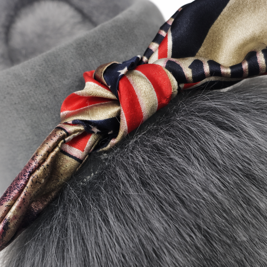 Grey plush slippers decorated with colorful silk scarves and bow balls Application Scenario