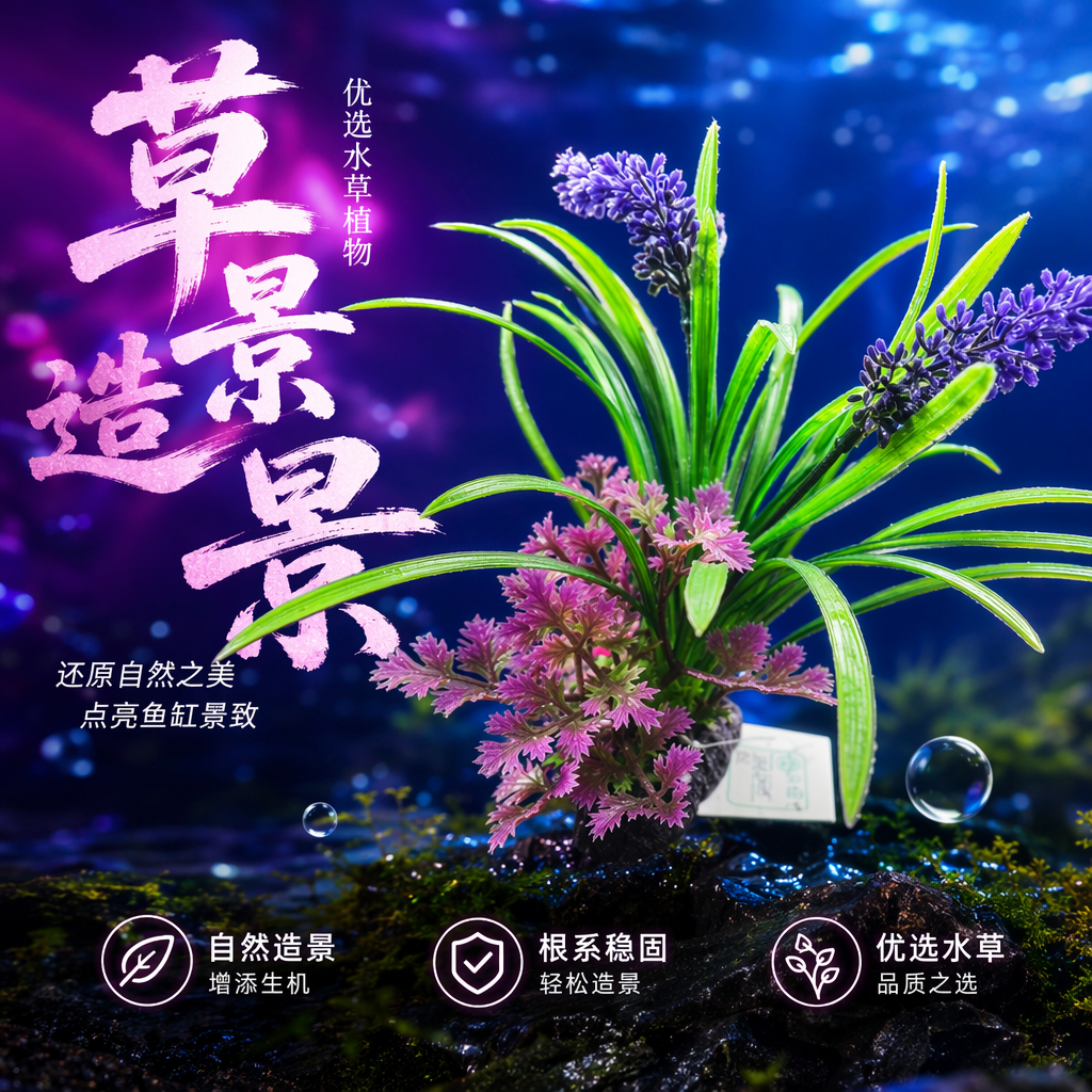 Green leaf and purple flower artificial aquatic plant decoration Specification image