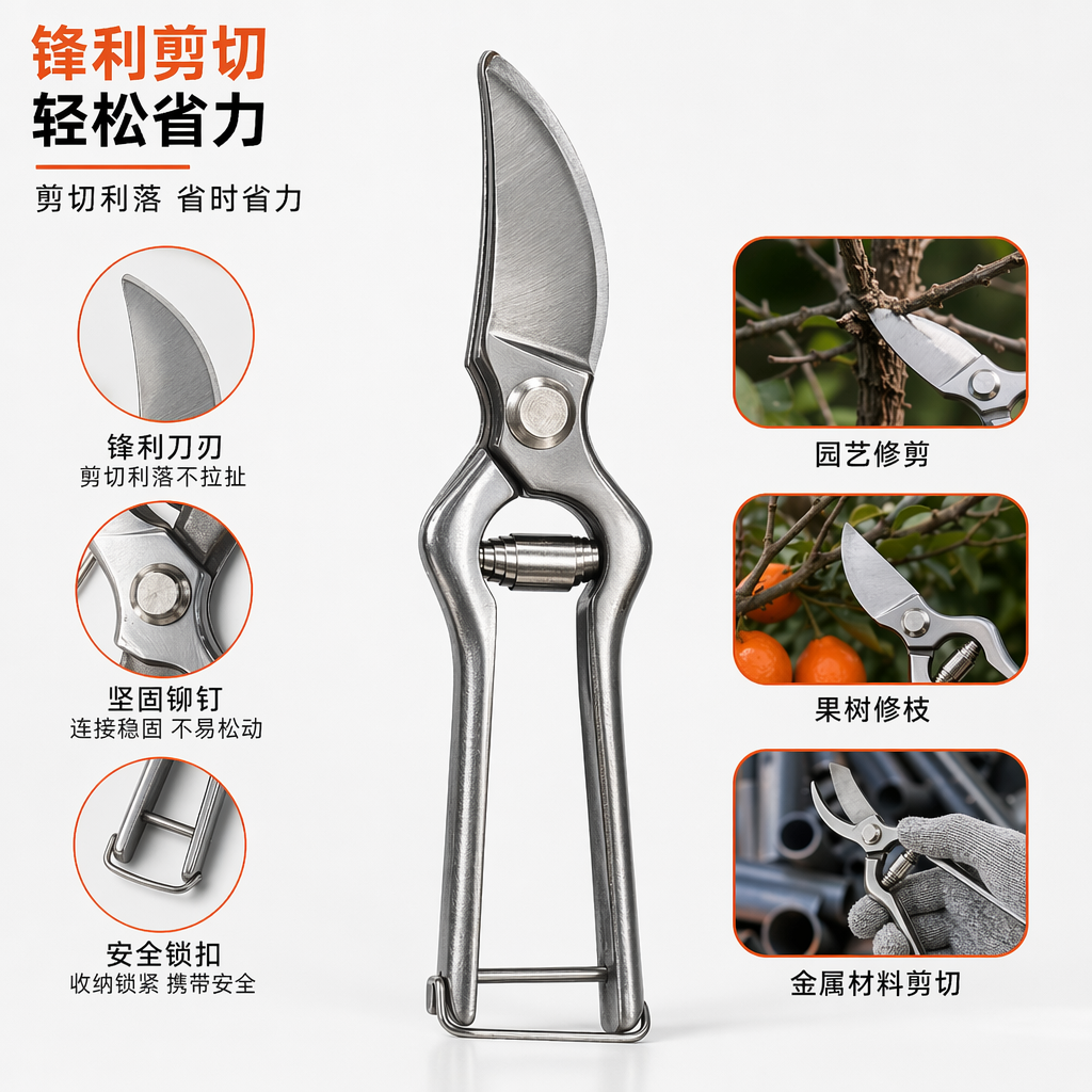银色园艺剪刀高碳钢锋利省力修剪花木盆景
