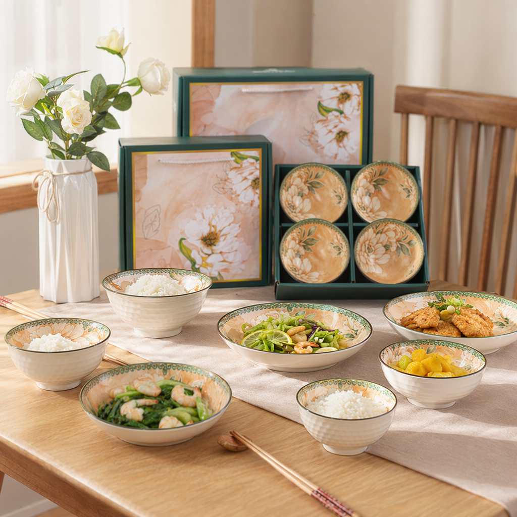 Ceramic tableware set, home simple style bowl, plate, spoon and chopsticks combination, underglaze color technique details Picture