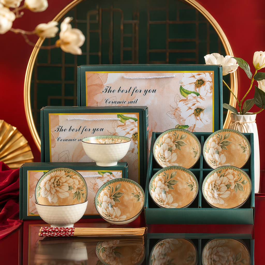 Ceramic tableware set, home simple style bowl, plate, spoon and chopsticks combination, underglaze color technique Specification image