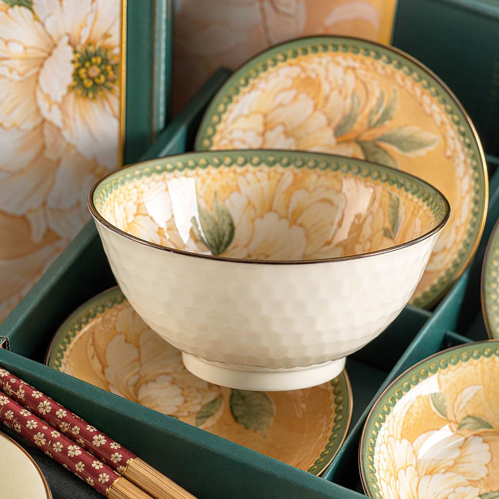 Ceramic tableware set, home simple style bowl, plate, spoon and chopsticks combination, underglaze color technique Application Scenario