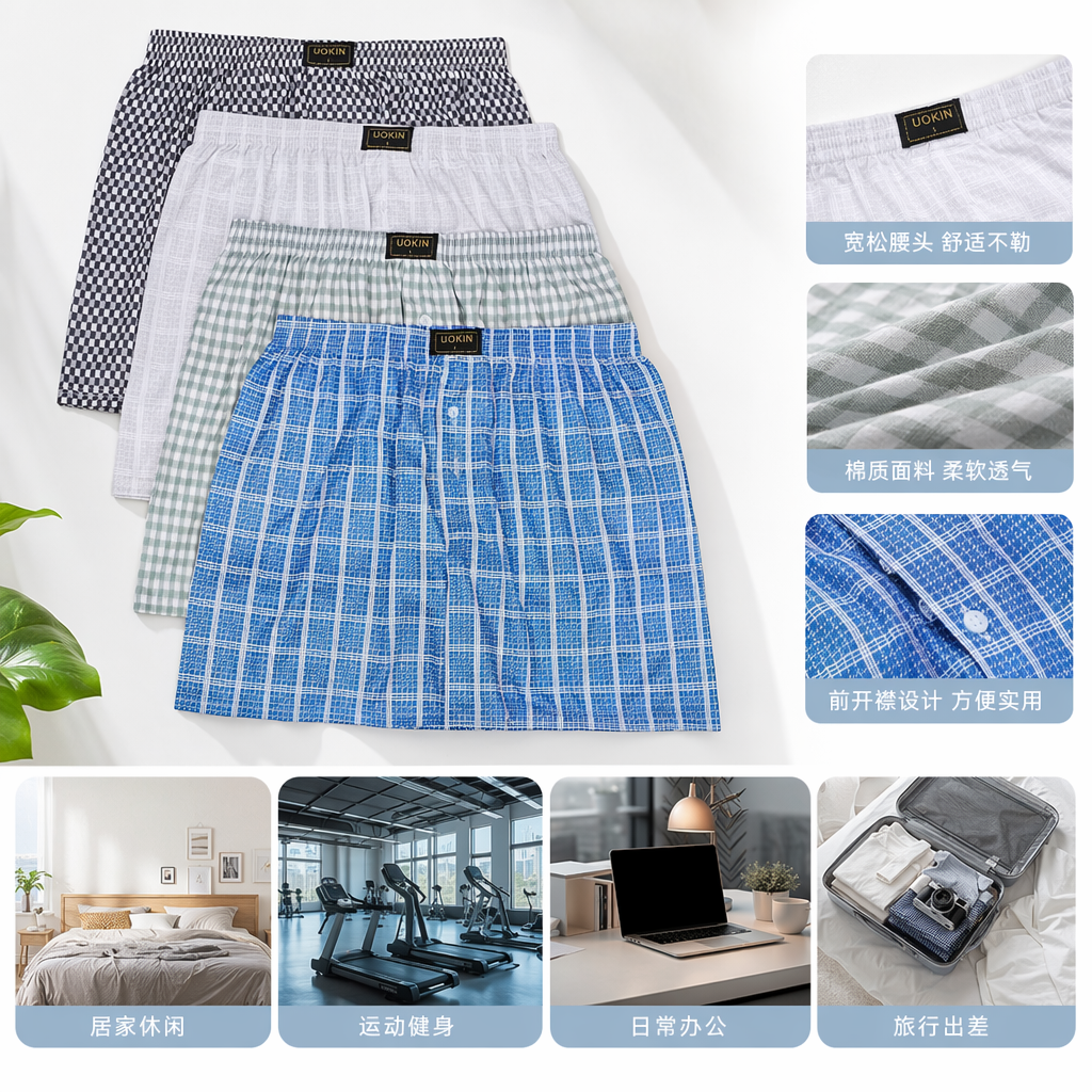 Men's pure cotton underpants with checkered patterns are breathable, comfortable, simple and versatile