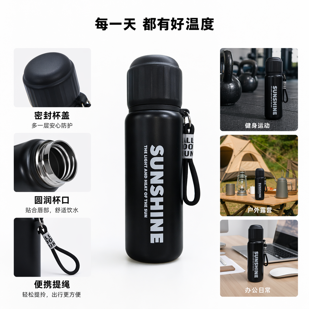 Black simple insulated water cup 350ml, stainless steel vacuum insulated, for office and household use