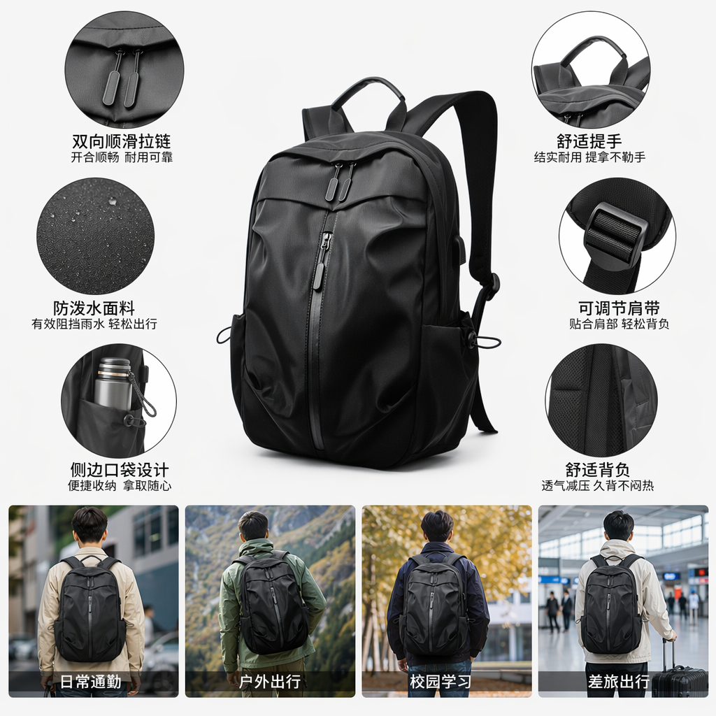 This black, simple business and casual backpack is lightweight, wear-resistant and has a large capacity for commuting and student use