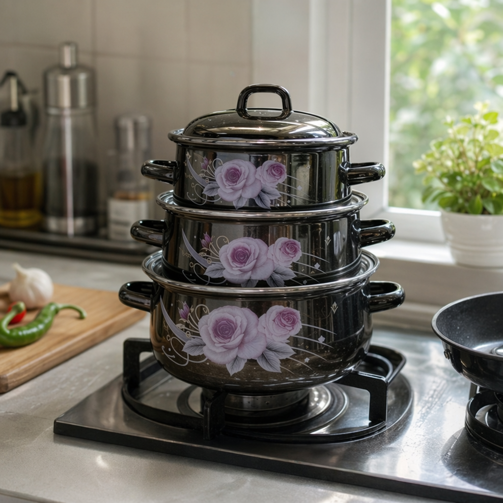 Black rose-patterned cookware set, 304 stainless steel wok, frying pan and soup pot three-piece set details Picture
