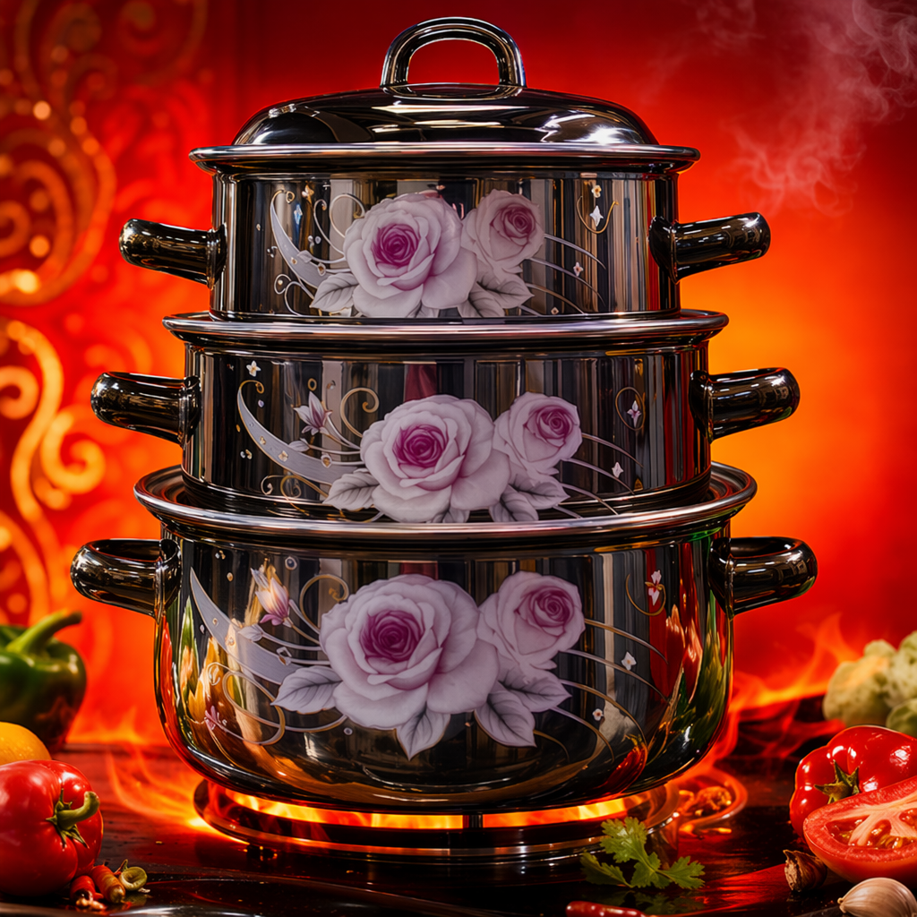 Black rose-patterned cookware set, 304 stainless steel wok, frying pan and soup pot three-piece set Specification image