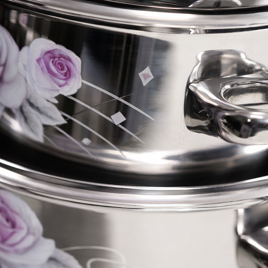 Black rose-patterned cookware set, 304 stainless steel wok, frying pan and soup pot three-piece set Application Scenario