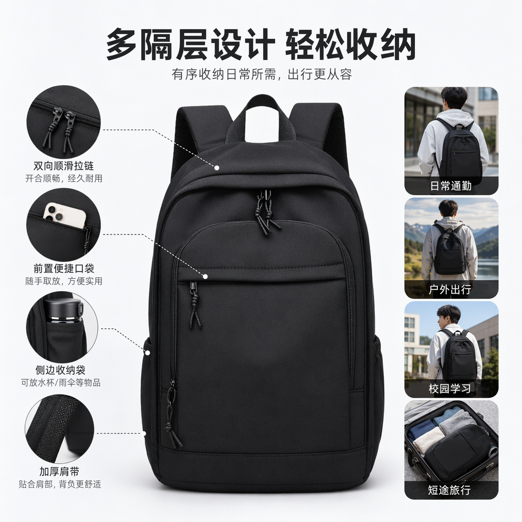 Black nylon water-resistant backpack for commuting travel, lightweight and large capacity full image