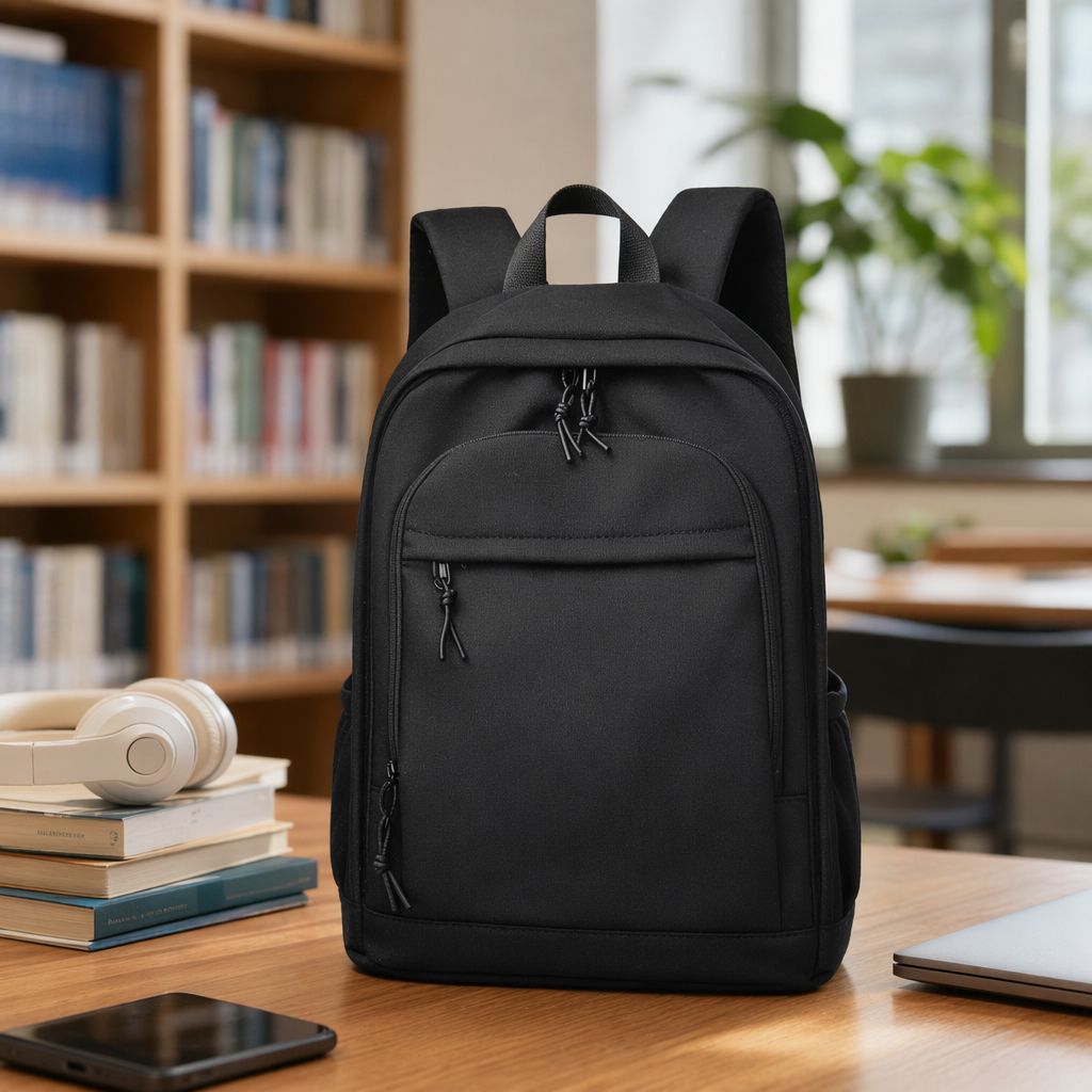 Black nylon water-resistant backpack for commuting travel, lightweight and large capacity details Picture