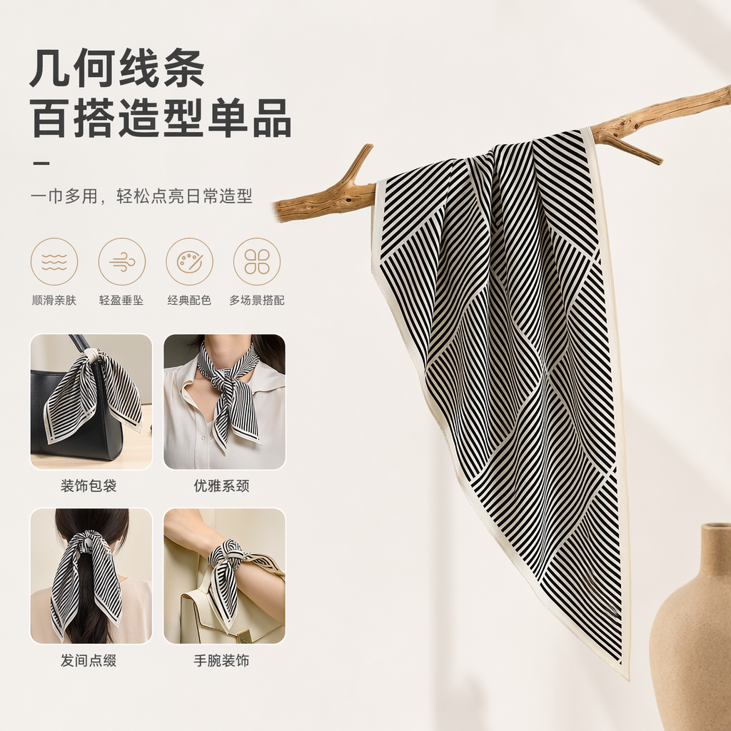 The black and white striped silk scarf is a fashionable and versatile thin scarf for women in spring and summer