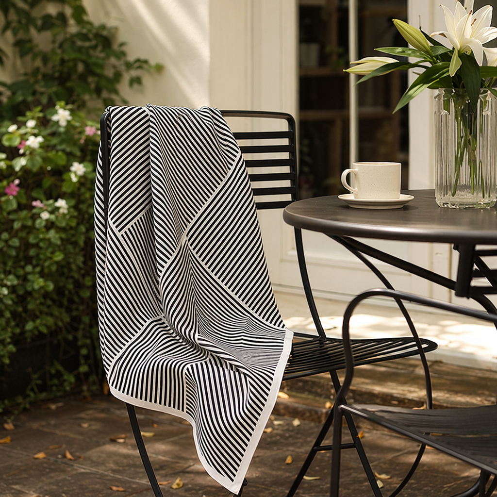 The black and white striped silk scarf is a fashionable and versatile thin scarf for women in spring and summer details Picture