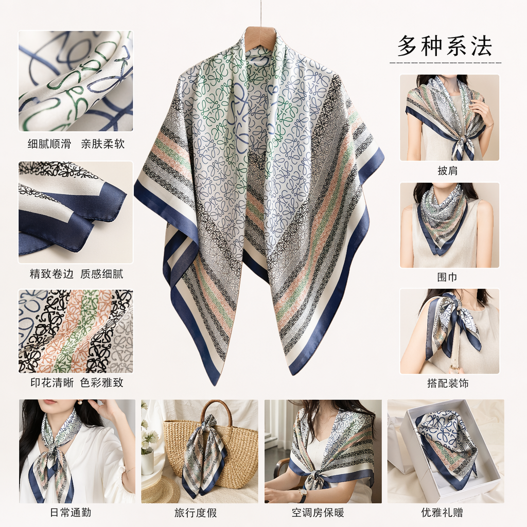 Colorful printed silk scarves are light, breathable and suitable for all seasons as women's accessories