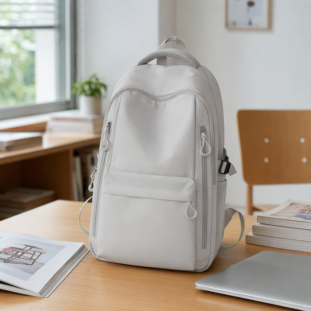 This light grey backpack is simple, fashionable and has a large capacity for student commuting and leisure details Picture