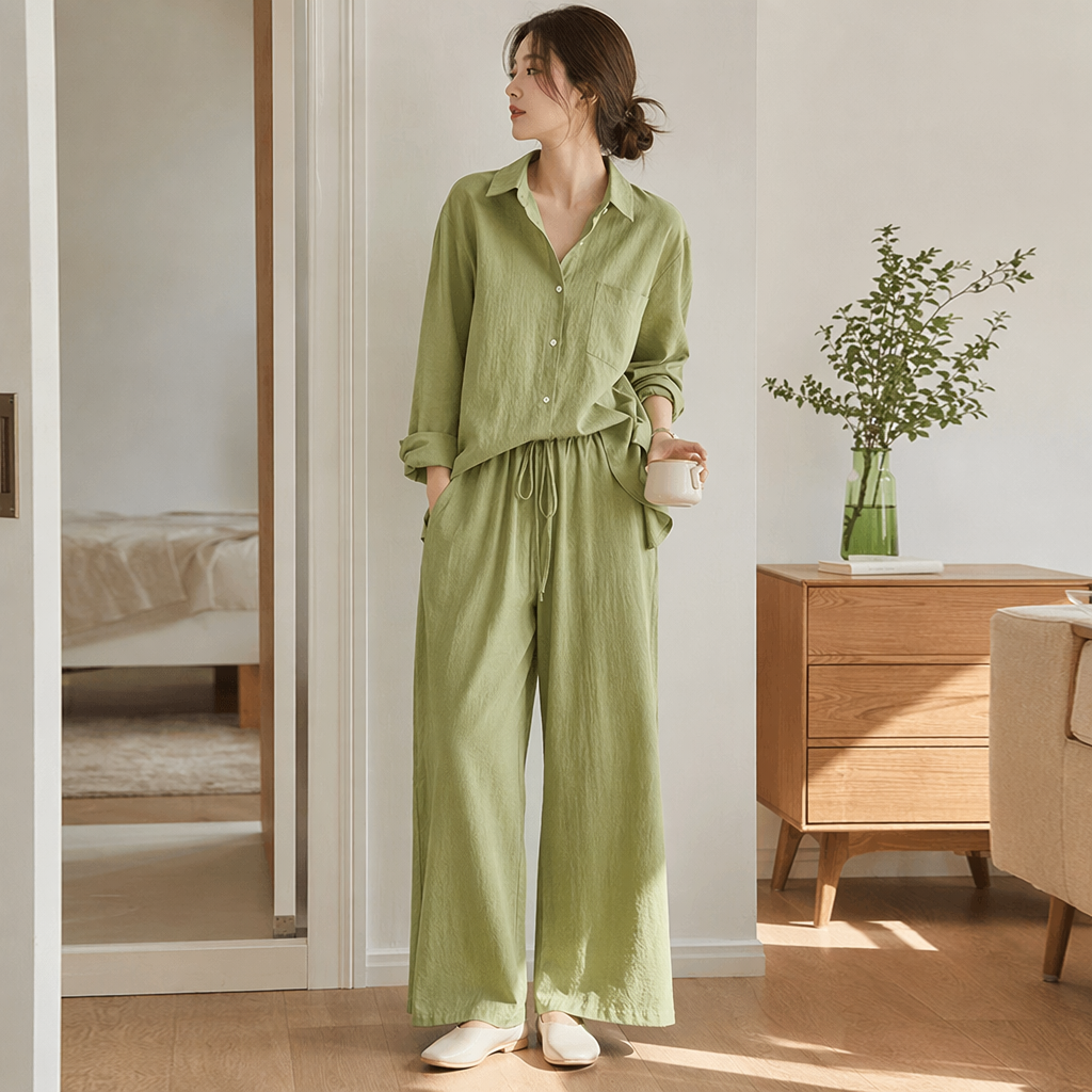 A light green shirt paired with wide-leg pants set for women's casual slimming two-piece outfit details Picture