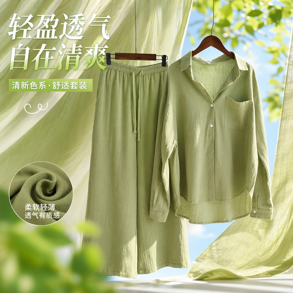 A light green shirt paired with wide-leg pants set for women's casual slimming two-piece outfit Specification image