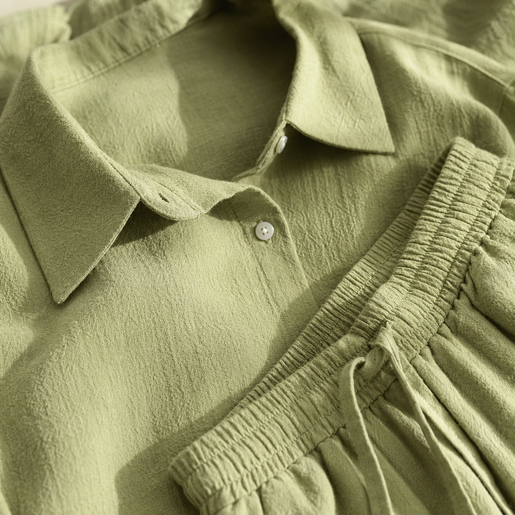 A light green shirt paired with wide-leg pants set for women's casual slimming two-piece outfit Application Scenario
