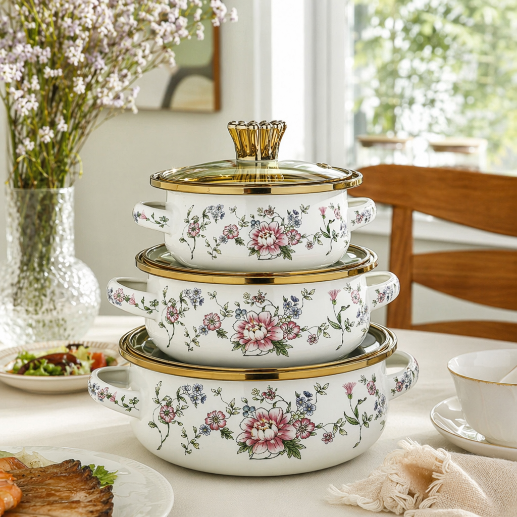 A three-piece pot set with white floral patterns and a glass lid with golden edges details Picture