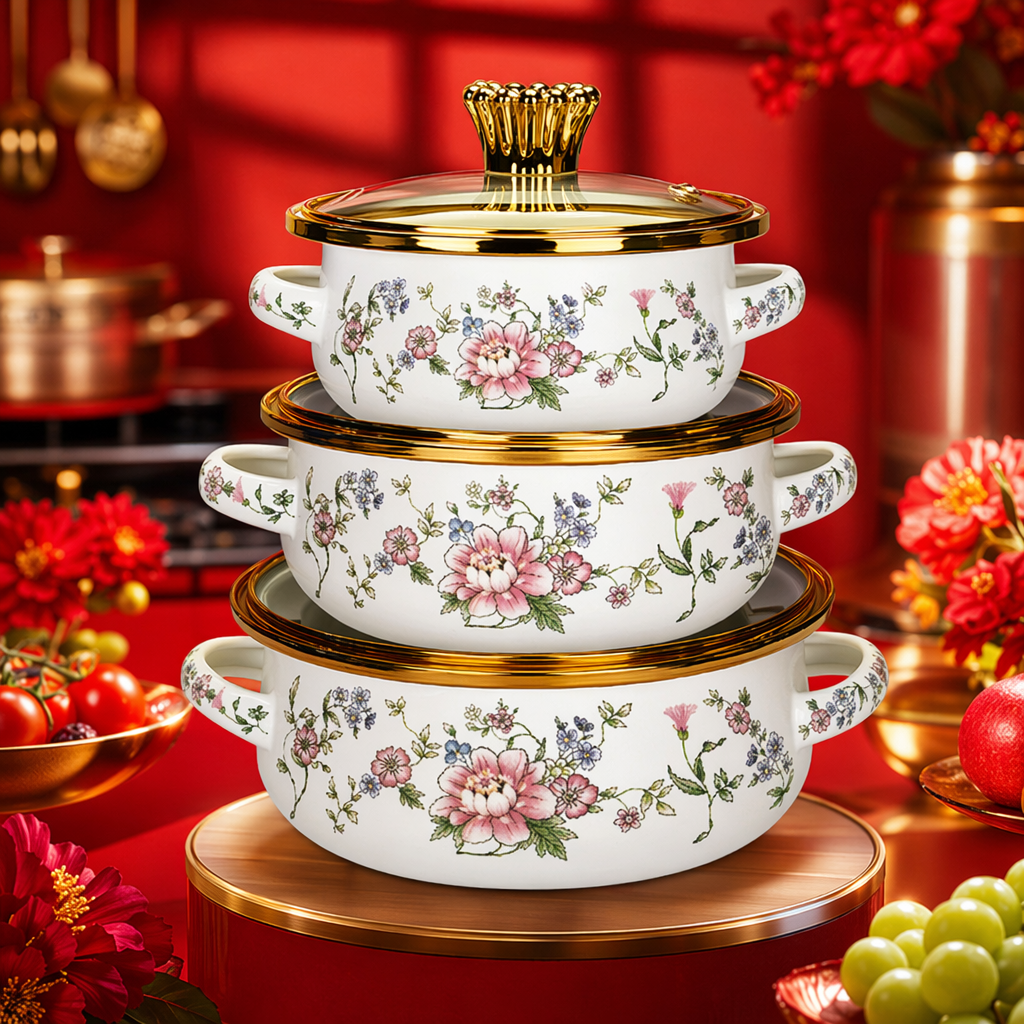 A three-piece pot set with white floral patterns and a glass lid with golden edges Specification image