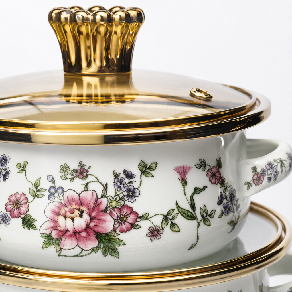 A three-piece pot set with white floral patterns and a glass lid with golden edges Application Scenario