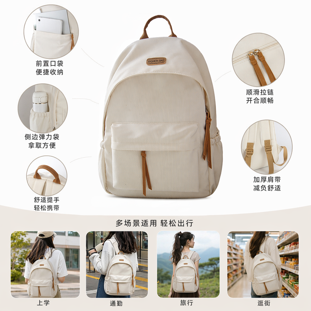 Beige simple and fashionable women's backpack, lightweight and large-capacity commuter casual single-shoulder bag
