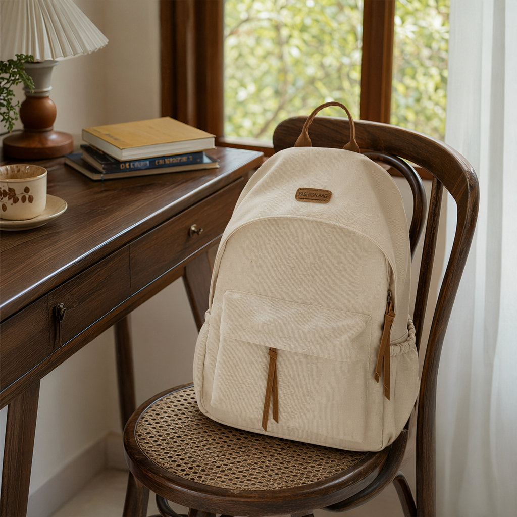 Beige simple and fashionable women's backpack, lightweight and large-capacity commuter casual single-shoulder bag details Picture
