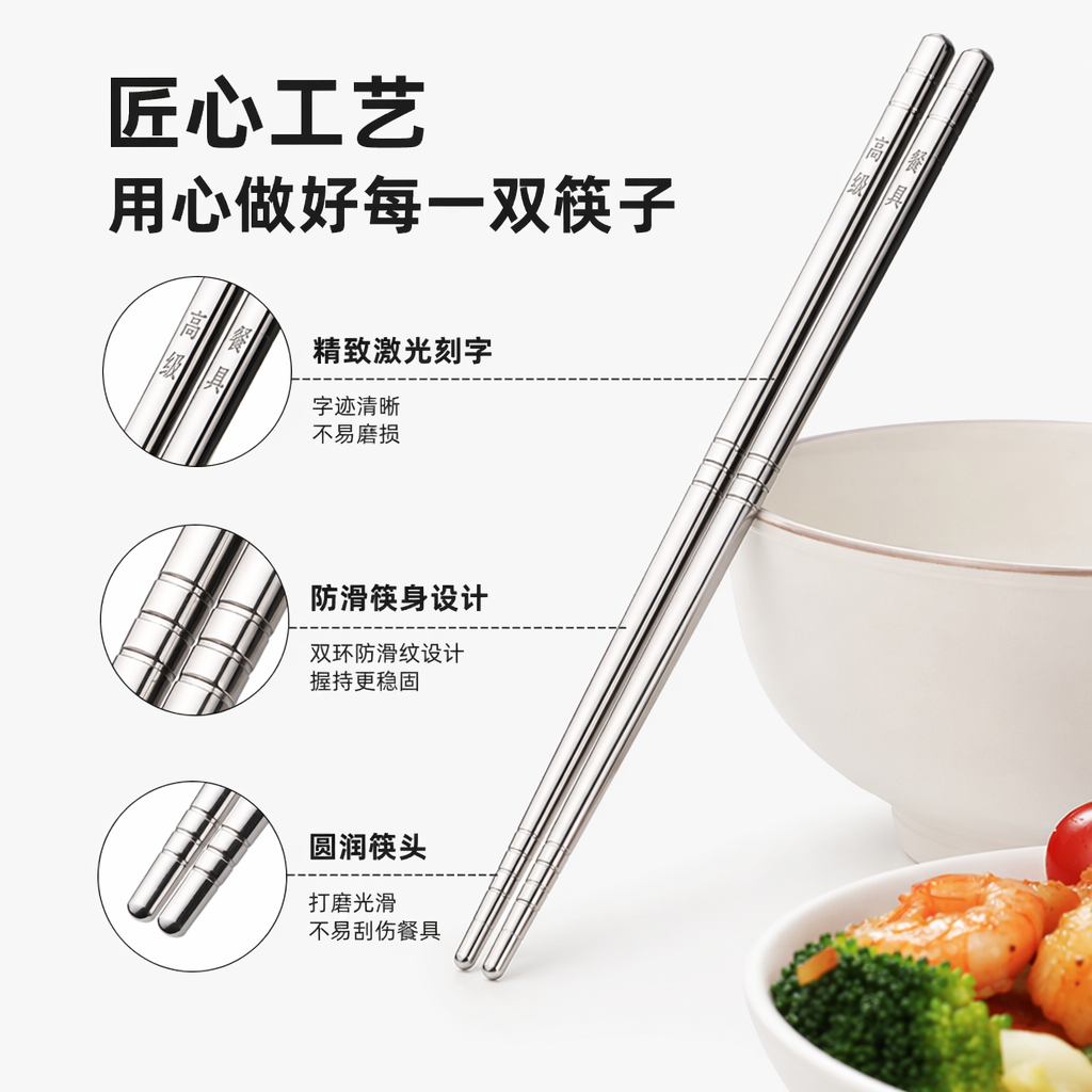 银色不锈钢筷子家用简约时尚防滑夹菜餐具