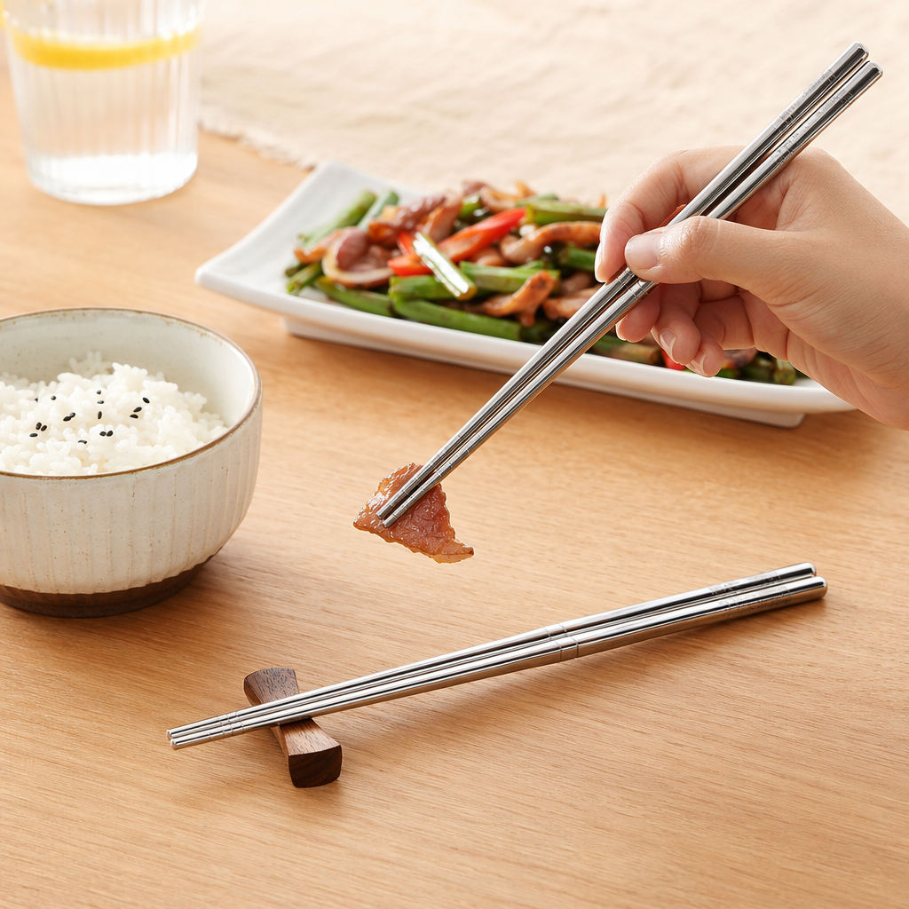 Silver stainless steel chopsticks are simple, fashionable and anti-slip household tableware for picking up food details Picture