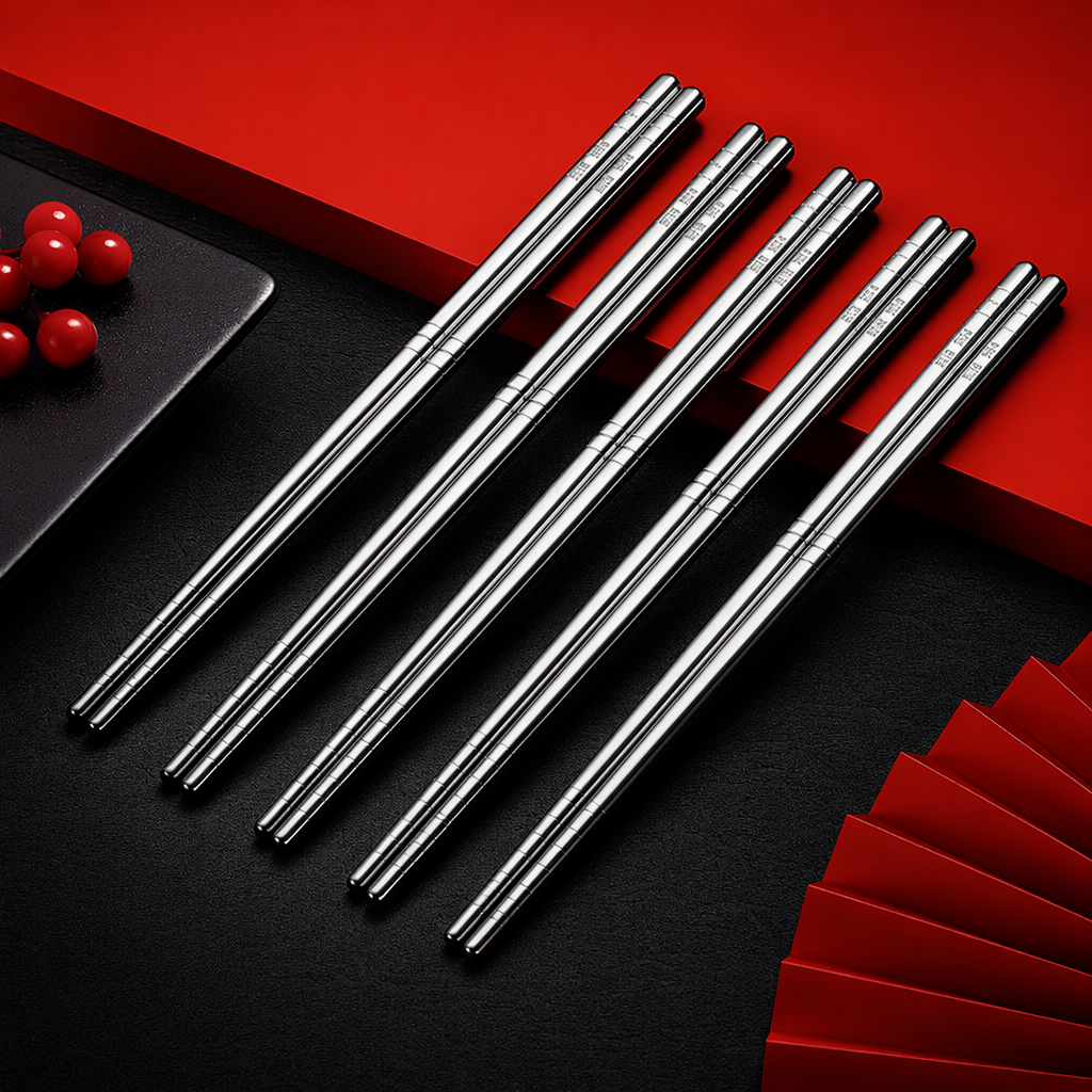 Silver stainless steel chopsticks are simple, fashionable and anti-slip household tableware for picking up food Specification image