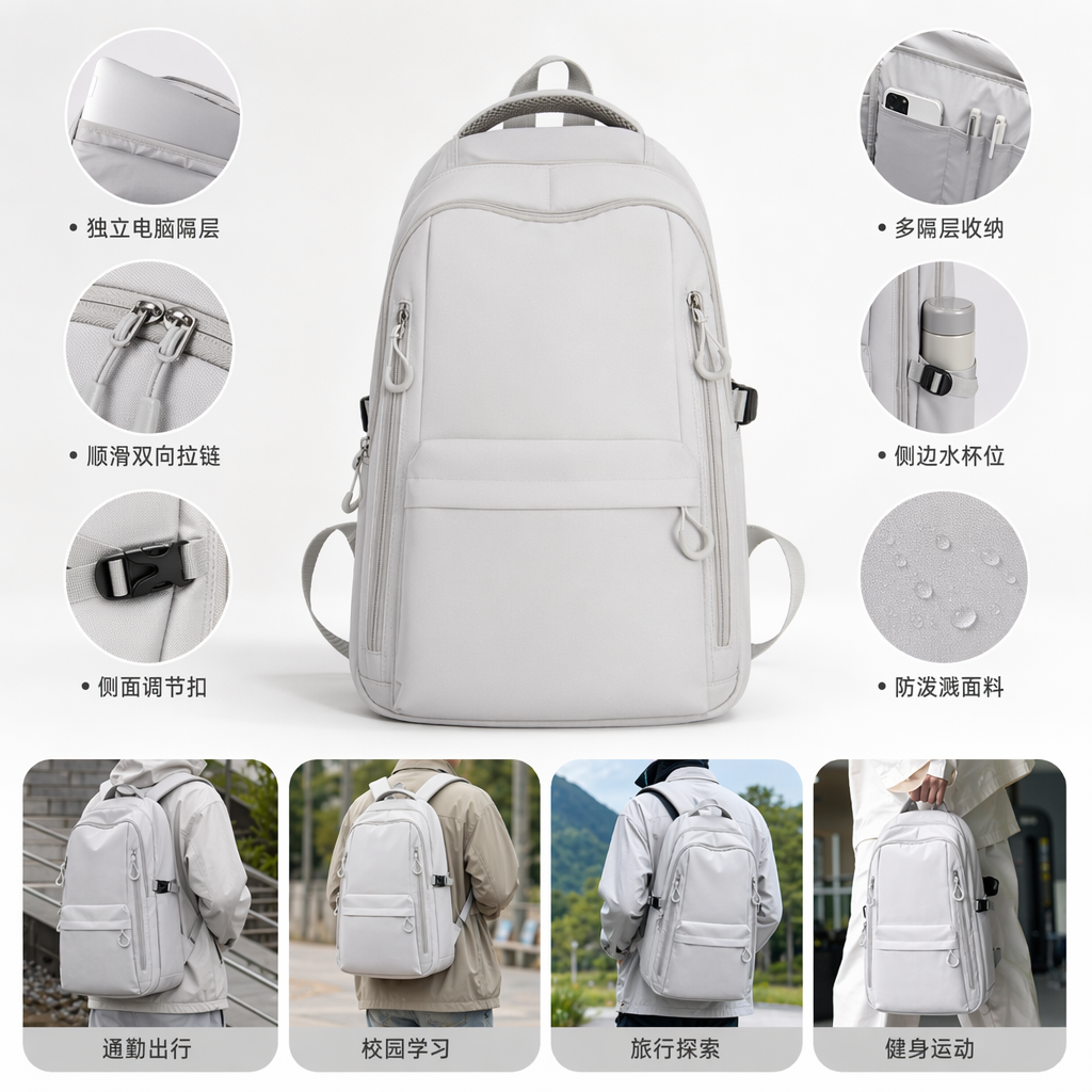 White nylon waterproof backpack for commuting to school, lightweight, wear-resistant, large capacity, casual