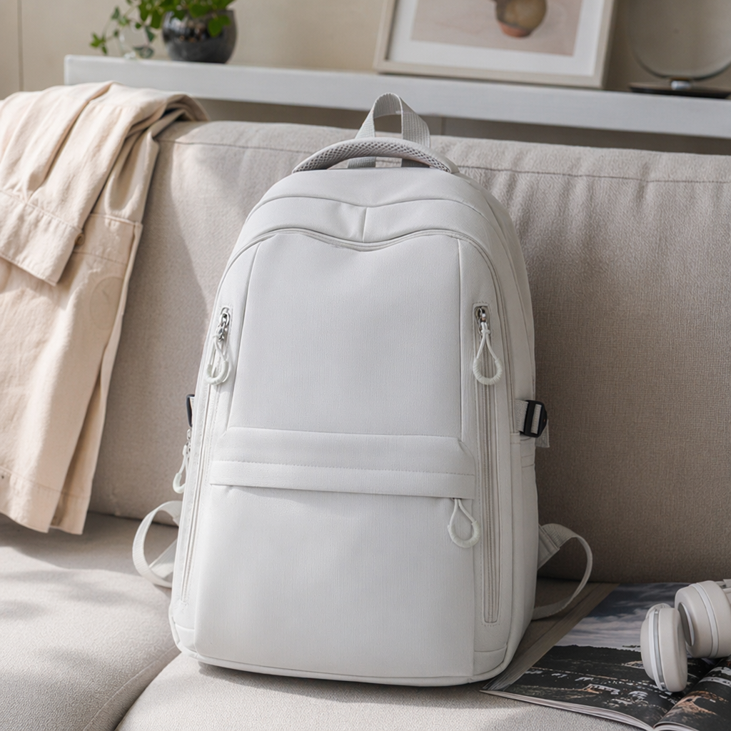 White nylon waterproof backpack for commuting to school, lightweight, wear-resistant, large capacity, casual details Picture