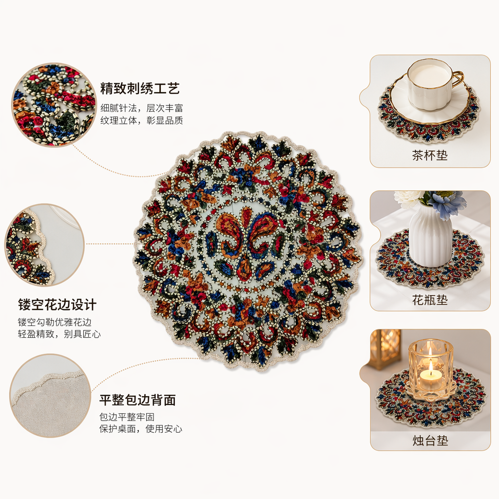 Colorful embroidered round table MATS, home dining table MATS, Nordic-style living room coffee table MATS