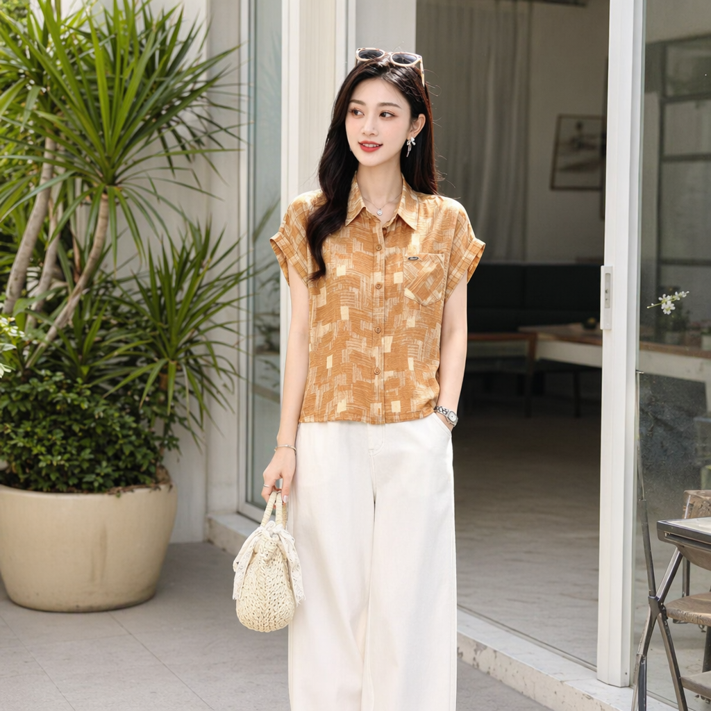 Orange short-sleeved shirt, a fashionable and casual top for women details Picture