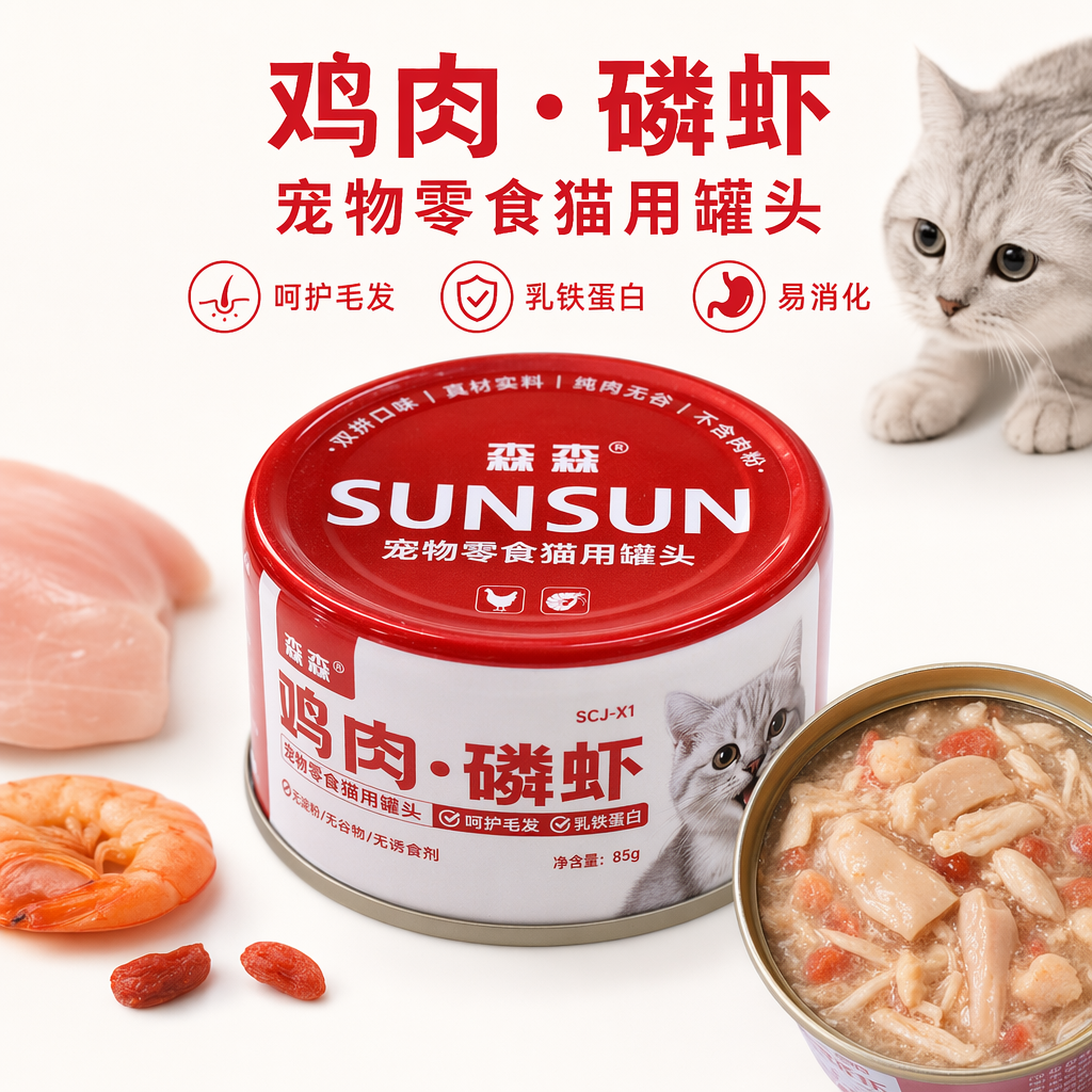森森宠物零食 猫用罐头 鸡肉磷虾口味 无淀粉双拼口味