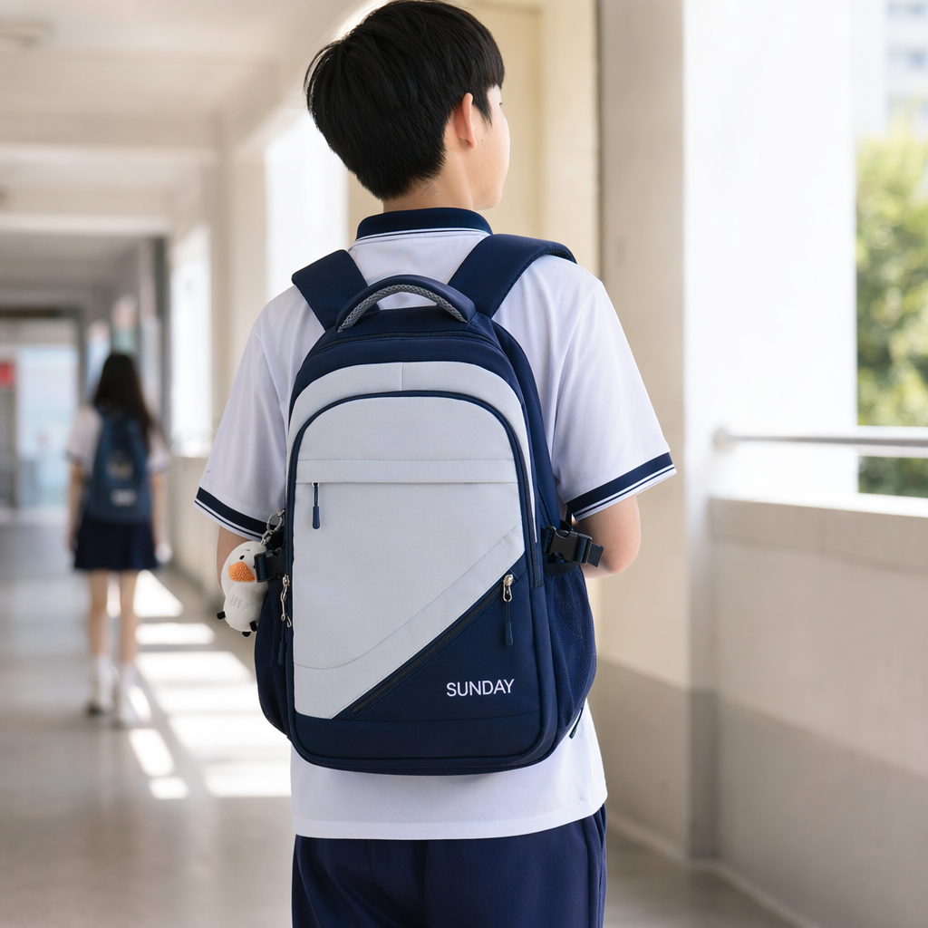 A simple and fashionable backpack in blue and white, with a large capacity for student commuting and leisure details Picture