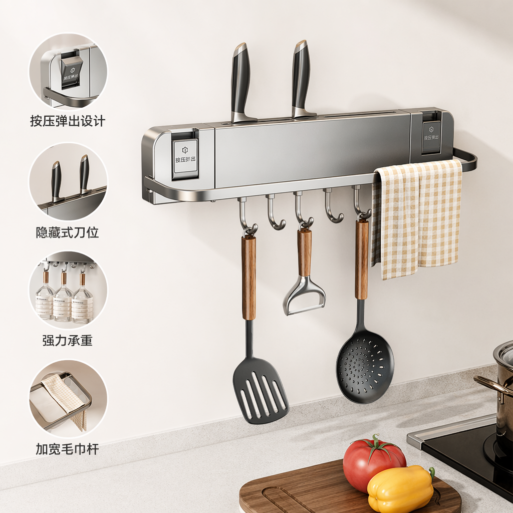 Silver kitchen knife storage rack for hanging knives, spatulas, collarches and bottle openers, with grid towels