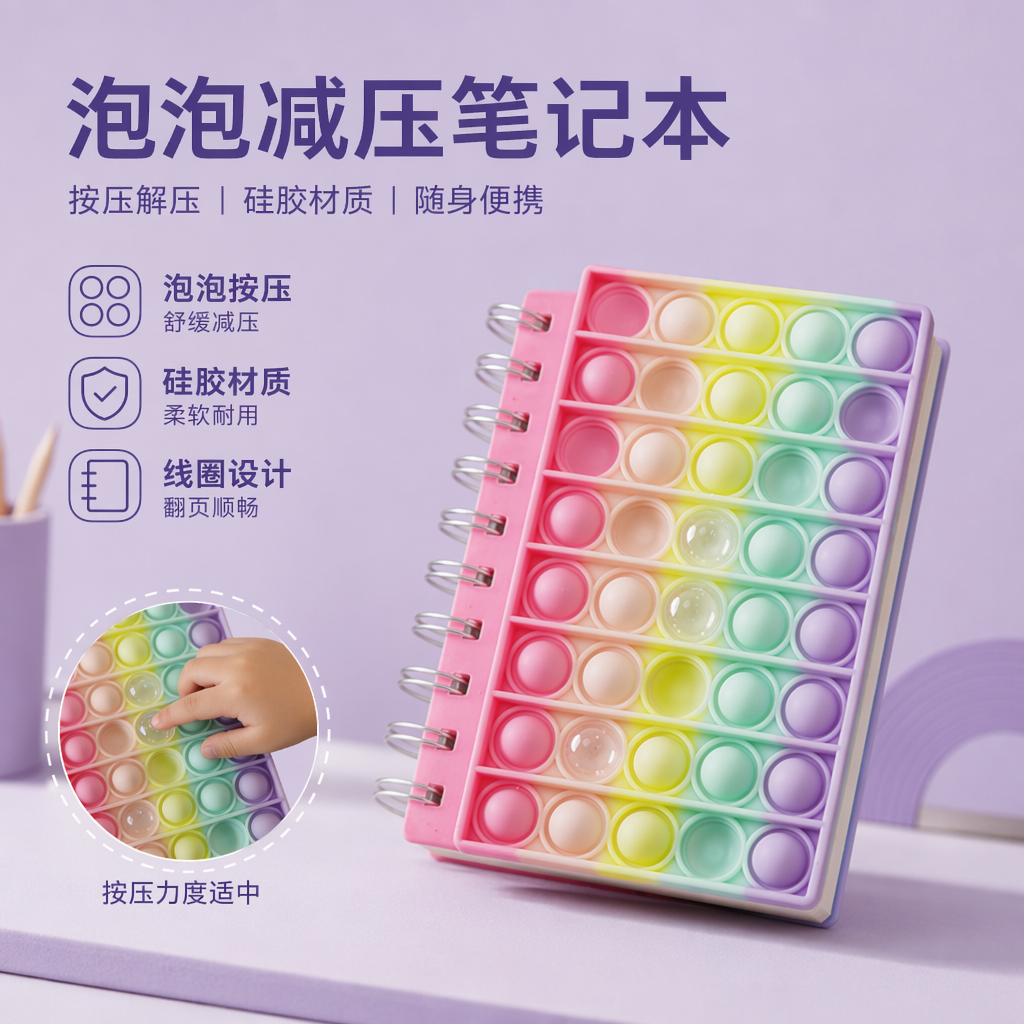 彩虹硅胶泡泡减压笔记本 灭鼠先锋按压按按乐线圈本 学生随身手账本解压文具记事本 厂家现货批发可定制图