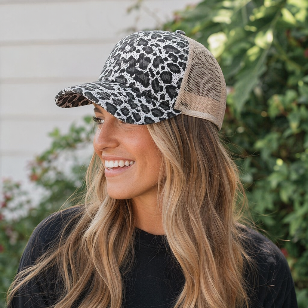Black and white leopard print mesh baseball cap, breathable, casual and versatile, unisex details Picture