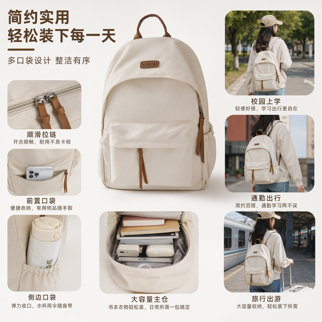 Beige cowhide texture backpack, wear-resistant and waterproof, commuter student travel backpack