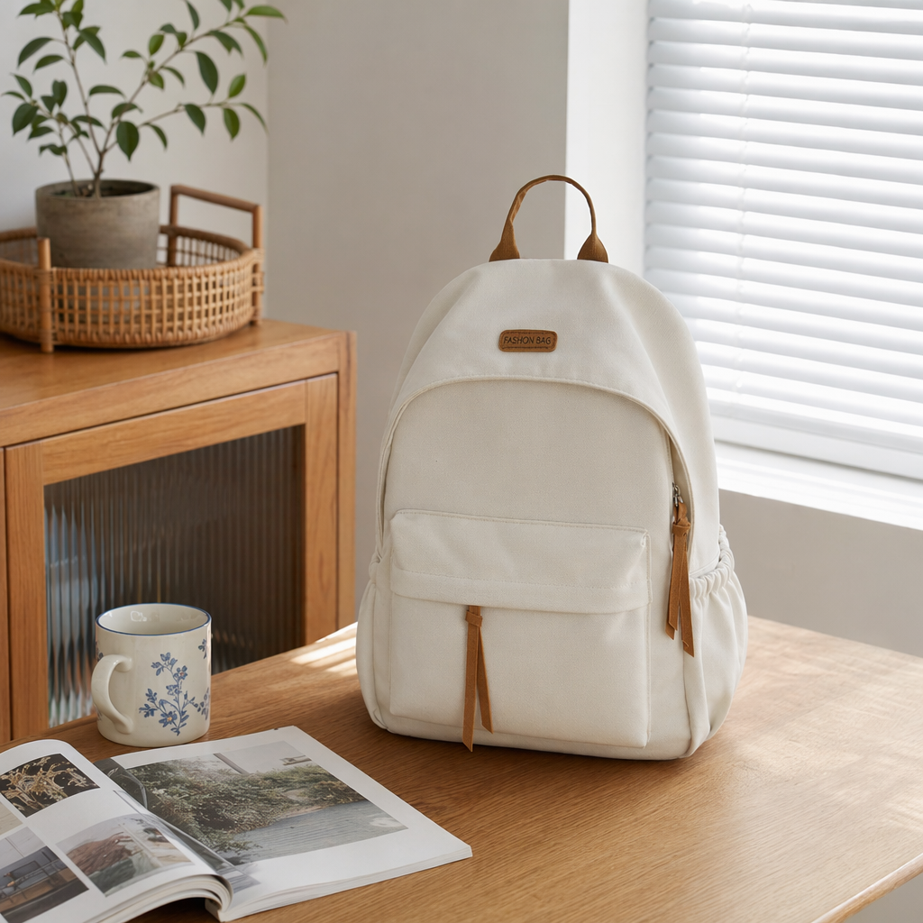 Beige cowhide texture backpack, wear-resistant and waterproof, commuter student travel backpack details Picture